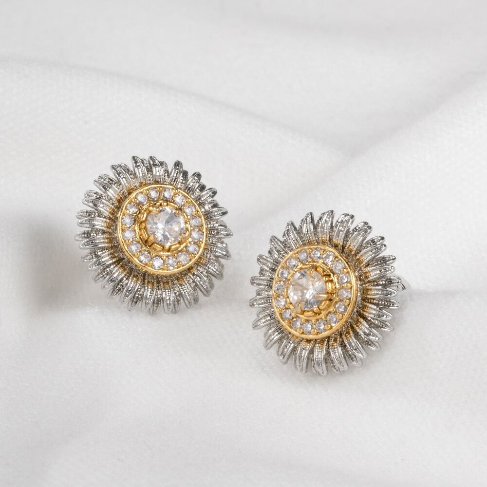 Alicia Bonnie Gold Silver Mixed Metal Crystal Floral Daisy Flower Earrings